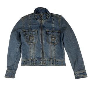 Bongo Denim Jacket Belt Loop Detail Stand Up Collar Zipper Chest Pockets Women 3